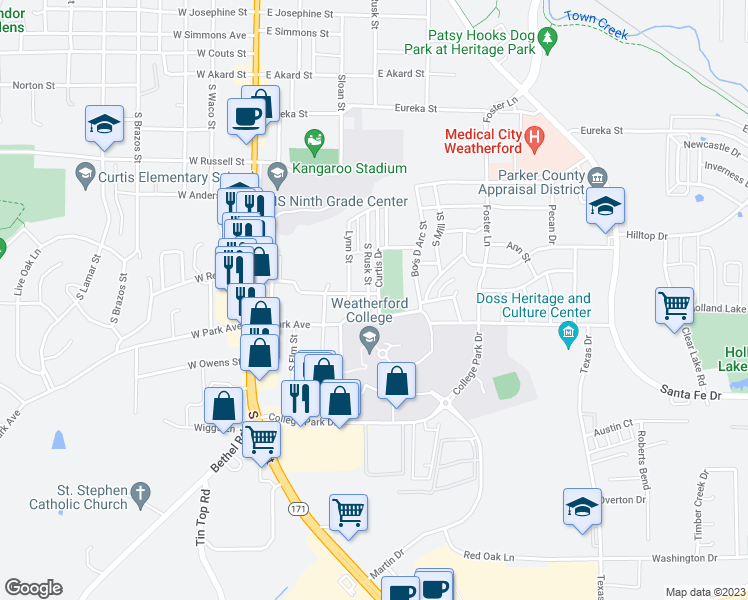 map of restaurants, bars, coffee shops, grocery stores, and more near 1301 South Rusk Street in Weatherford
