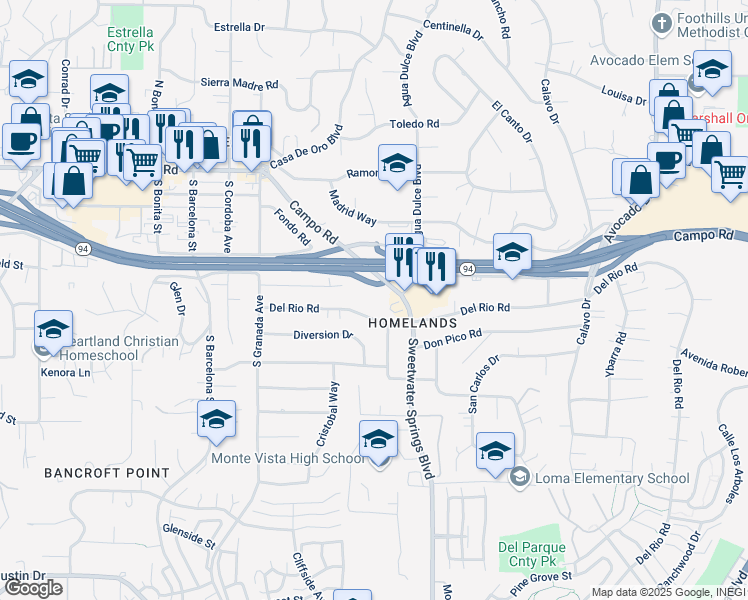map of restaurants, bars, coffee shops, grocery stores, and more near 3536 Sweetwater Springs Boulevard in Spring Valley