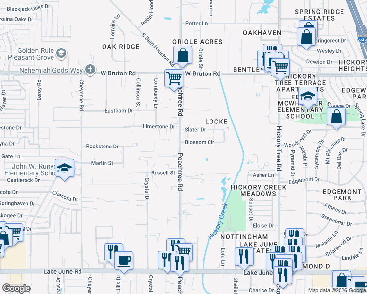 map of restaurants, bars, coffee shops, grocery stores, and more near 1907 South Peachtree Road in Balch Springs