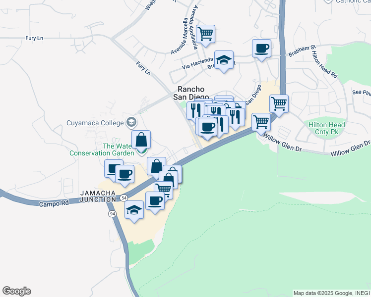 map of restaurants, bars, coffee shops, grocery stores, and more near 12190 Cuyamaca College Drive West in El Cajon