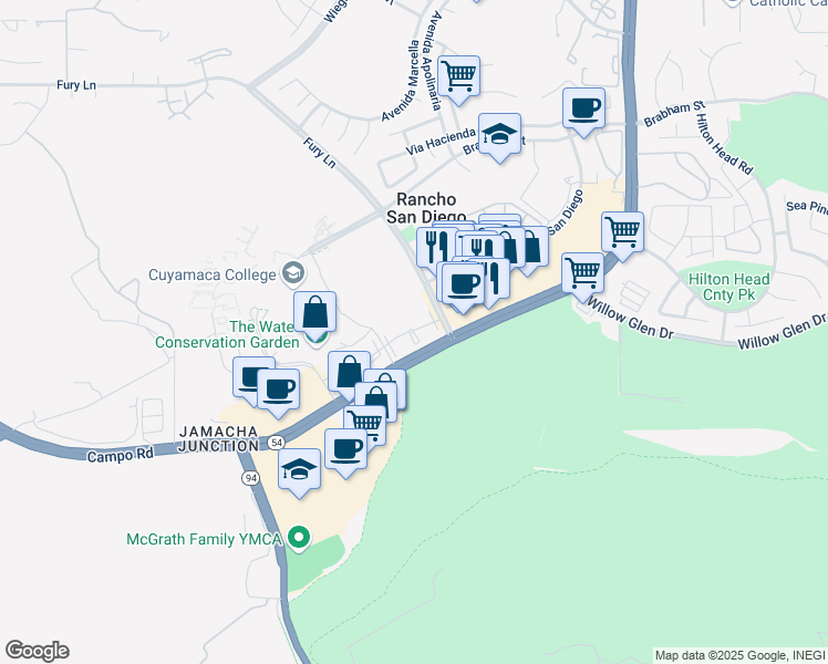 map of restaurants, bars, coffee shops, grocery stores, and more near 12190 Cuyamaca College Drive East in El Cajon