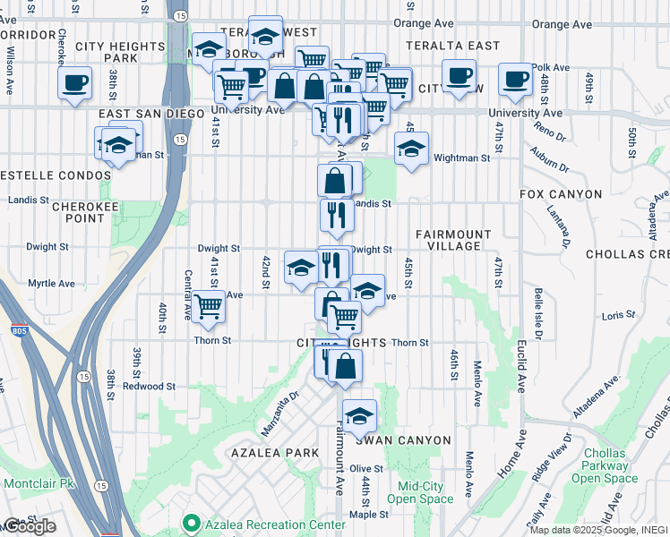 map of restaurants, bars, coffee shops, grocery stores, and more near 3569 43rd Street in San Diego