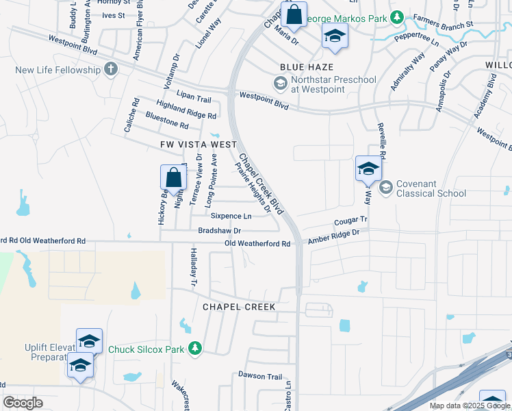 map of restaurants, bars, coffee shops, grocery stores, and more near 10405 Unity Drive in Fort Worth