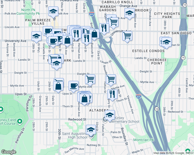 map of restaurants, bars, coffee shops, grocery stores, and more near 3572 33rd Street in San Diego