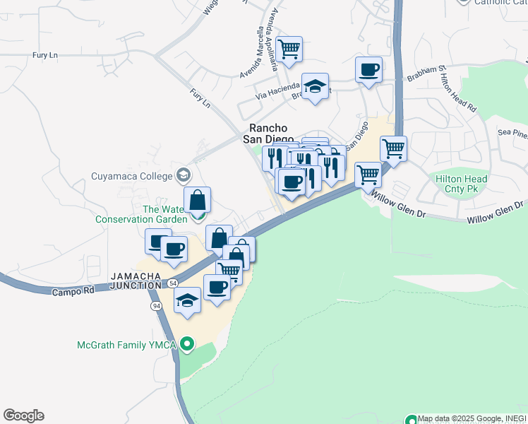 map of restaurants, bars, coffee shops, grocery stores, and more near 12190 Cuyamaca College Drive East in El Cajon
