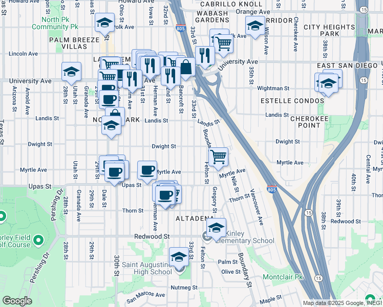 map of restaurants, bars, coffee shops, grocery stores, and more near 3572 33rd Street in San Diego