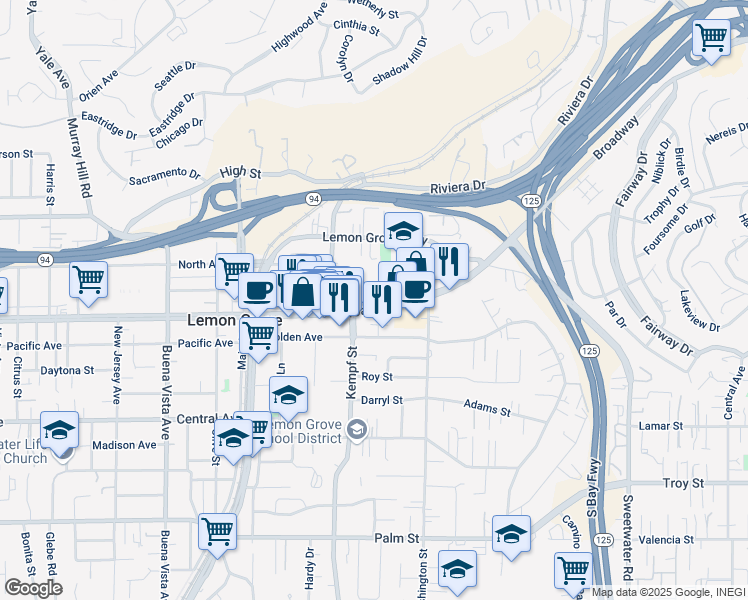 map of restaurants, bars, coffee shops, grocery stores, and more near 8026 Broadway in Lemon Grove