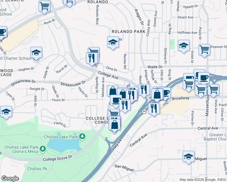 map of restaurants, bars, coffee shops, grocery stores, and more near 6560 College Grove Drive in San Diego