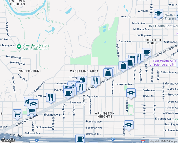 map of restaurants, bars, coffee shops, grocery stores, and more near 1617 Western Avenue in Fort Worth