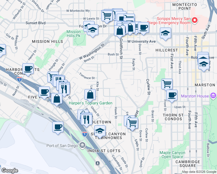 map of restaurants, bars, coffee shops, grocery stores, and more near 1106 West Brookes Avenue in San Diego