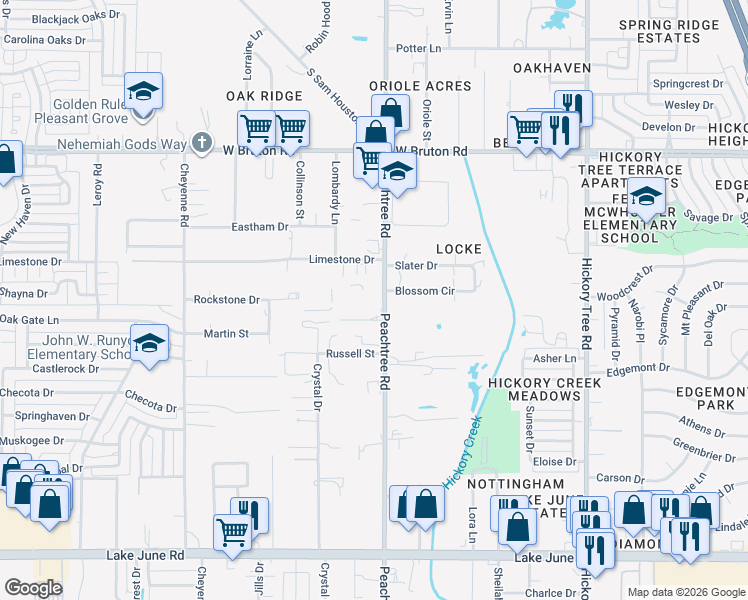 map of restaurants, bars, coffee shops, grocery stores, and more near 1907 Peachtree Road in Balch Springs