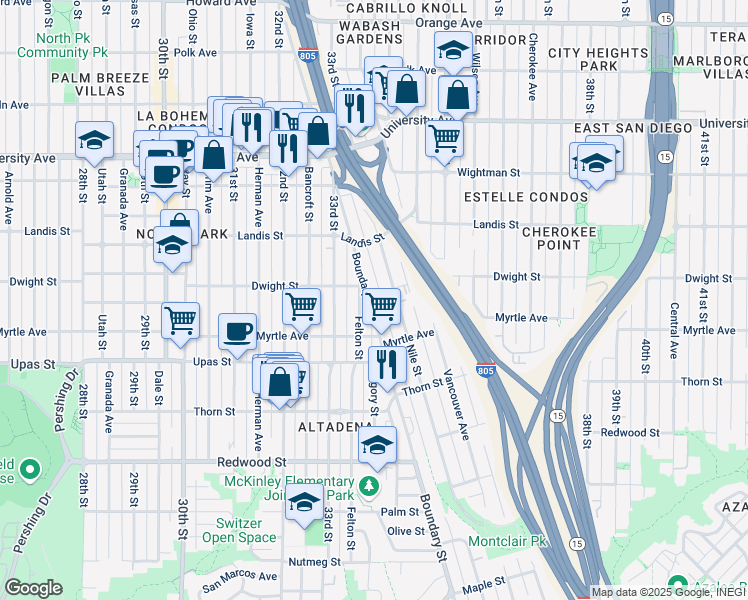 map of restaurants, bars, coffee shops, grocery stores, and more near 3595 Boundary Street in San Diego