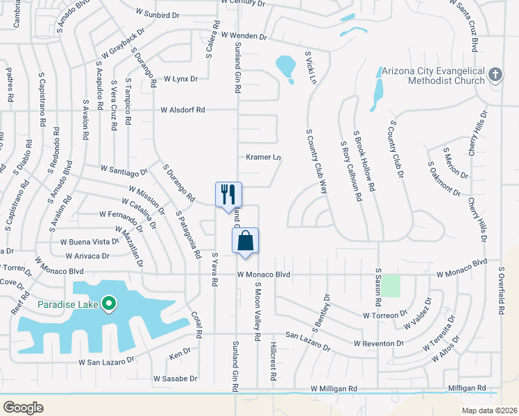 map of restaurants, bars, coffee shops, grocery stores, and more near 15025 South Moon Valley Road in Arizona City