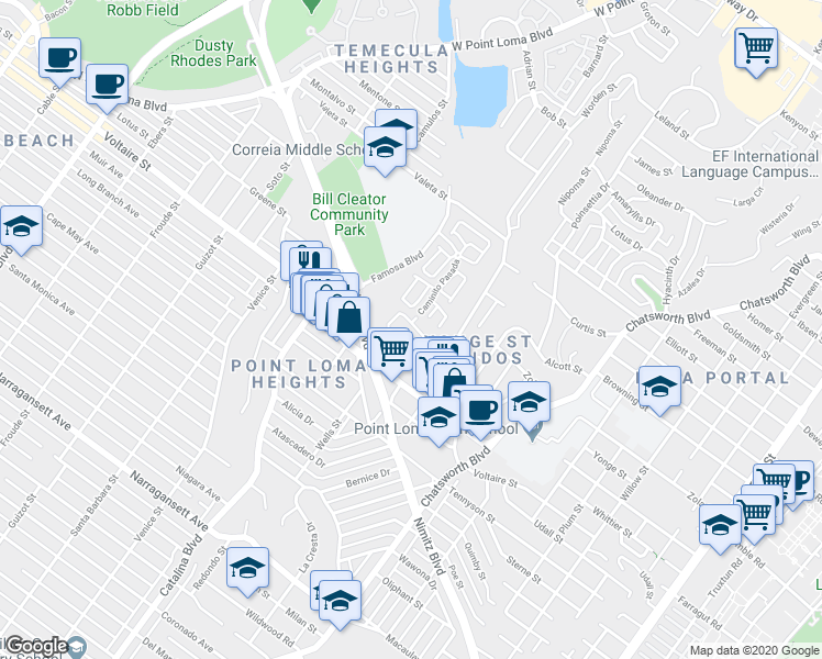 map of restaurants, bars, coffee shops, grocery stores, and more near 2296 Caminito Pajarito in San Diego