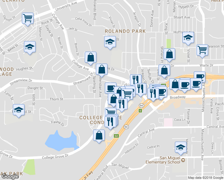 map of restaurants, bars, coffee shops, grocery stores, and more near 6580 College Grove Drive in San Diego
