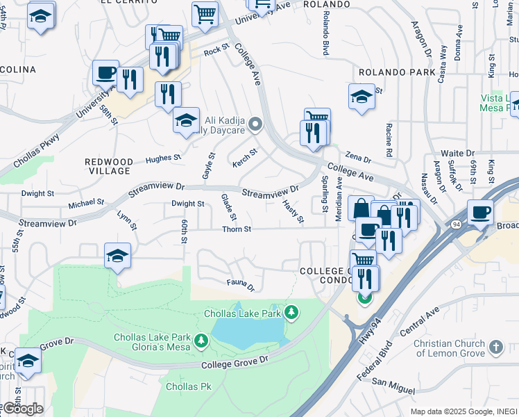 map of restaurants, bars, coffee shops, grocery stores, and more near 3433 Rowe Street in San Diego