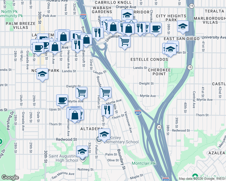 map of restaurants, bars, coffee shops, grocery stores, and more near in San Diego