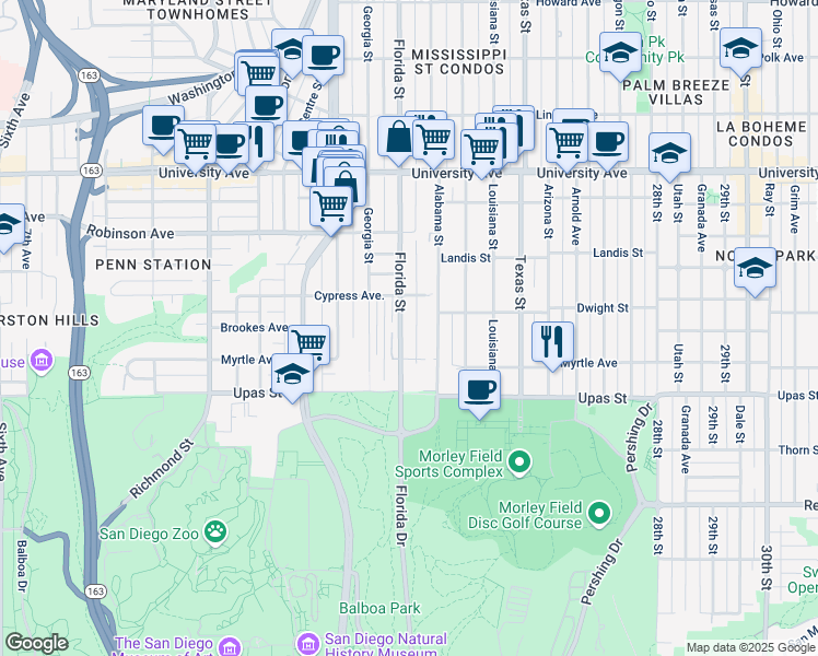 map of restaurants, bars, coffee shops, grocery stores, and more near 3606 Florida Street in San Diego