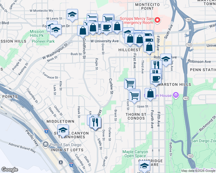map of restaurants, bars, coffee shops, grocery stores, and more near in San Diego