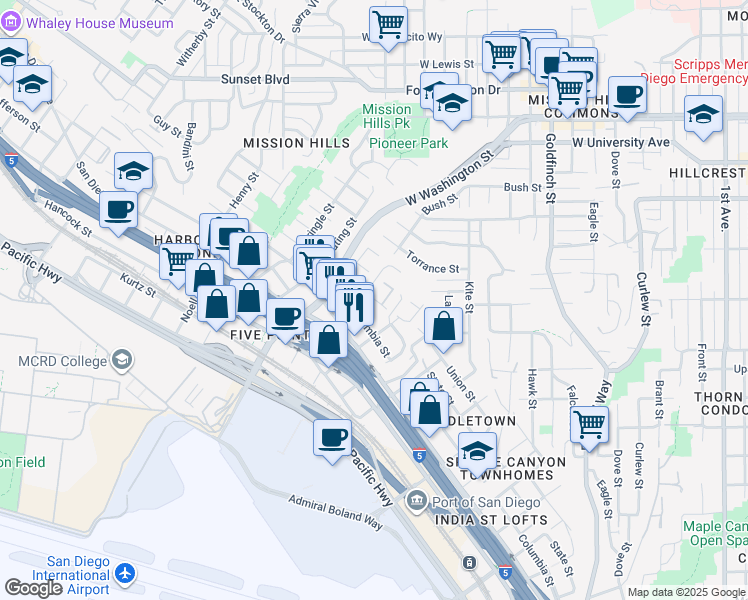 map of restaurants, bars, coffee shops, grocery stores, and more near in San Diego