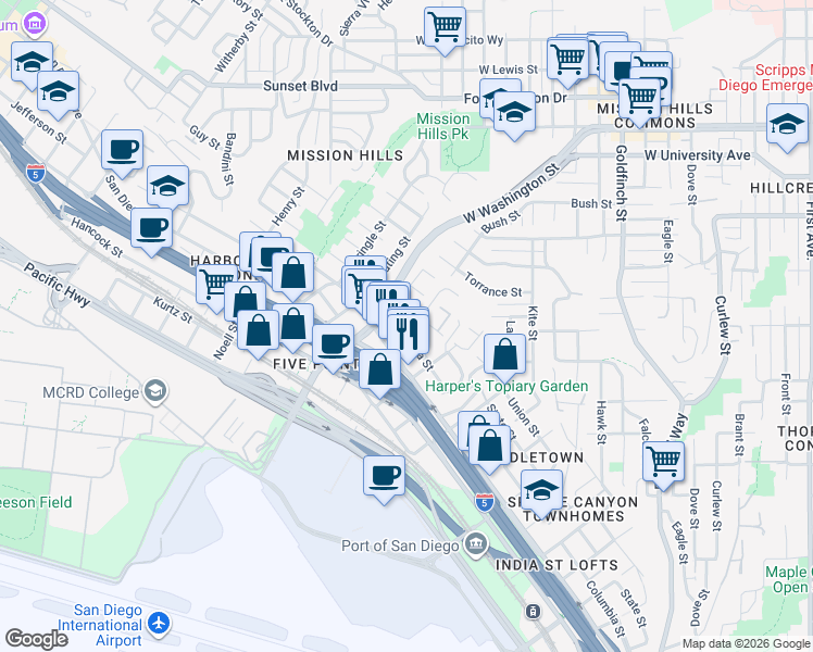 map of restaurants, bars, coffee shops, grocery stores, and more near 3719 Columbia Street in San Diego
