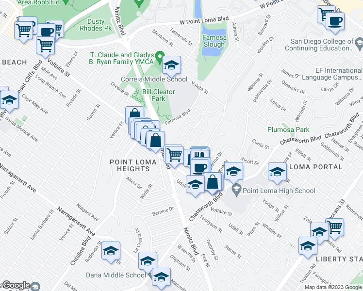 map of restaurants, bars, coffee shops, grocery stores, and more near 2298 Caminito Pajarito in San Diego