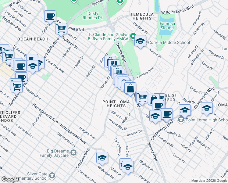 map of restaurants, bars, coffee shops, grocery stores, and more near 2154 Catalina Boulevard in San Diego