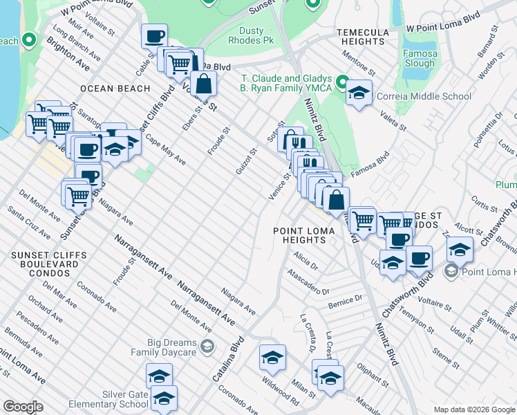 map of restaurants, bars, coffee shops, grocery stores, and more near 2052 Venice Street in San Diego