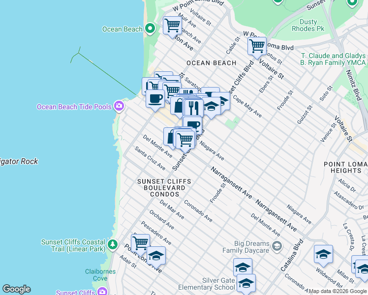 map of restaurants, bars, coffee shops, grocery stores, and more near 1822 Sunset Cliffs Boulevard in San Diego