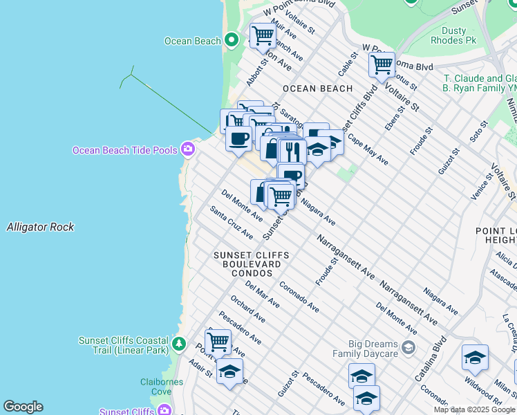 map of restaurants, bars, coffee shops, grocery stores, and more near 4873 Narragansett Avenue in San Diego
