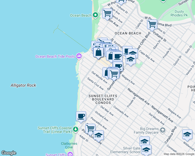 map of restaurants, bars, coffee shops, grocery stores, and more near 4921 Del Monte Avenue in San Diego