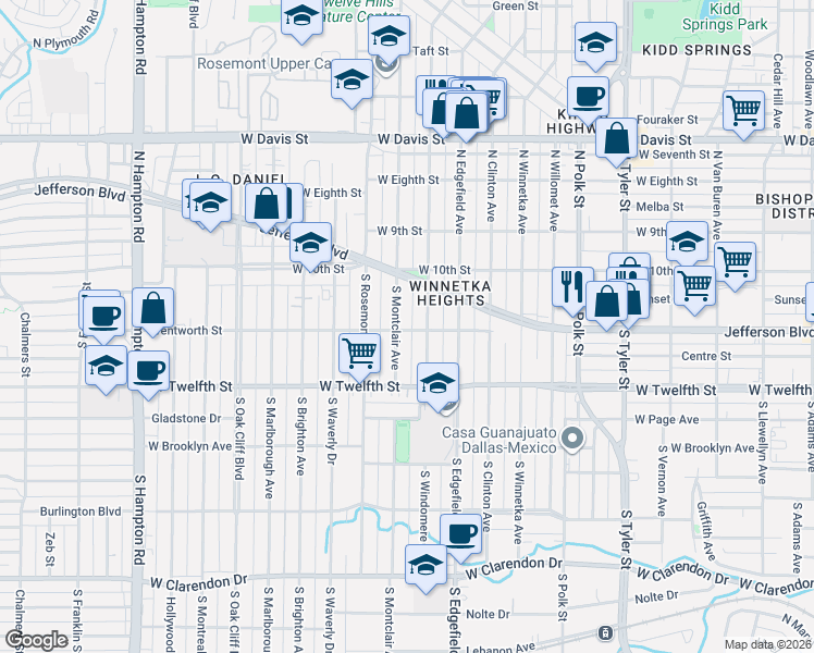map of restaurants, bars, coffee shops, grocery stores, and more near 233 South Windomere Avenue in Dallas