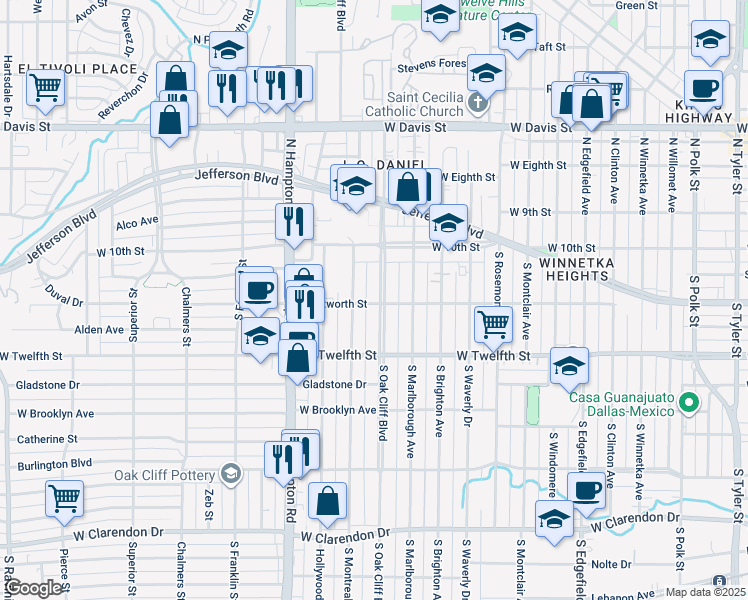 map of restaurants, bars, coffee shops, grocery stores, and more near 218 South Montreal Avenue in Dallas