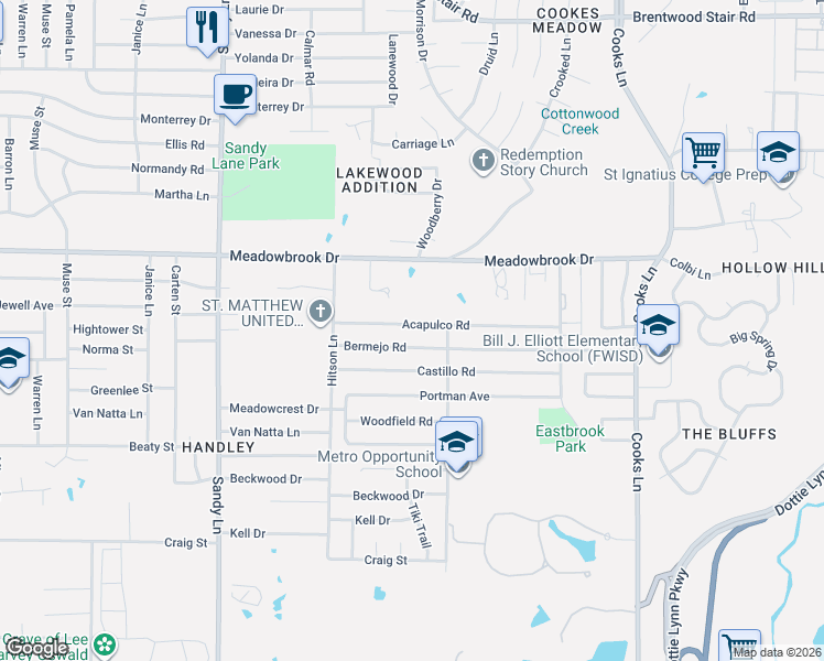 map of restaurants, bars, coffee shops, grocery stores, and more near 7617 Acapulco Road in Fort Worth
