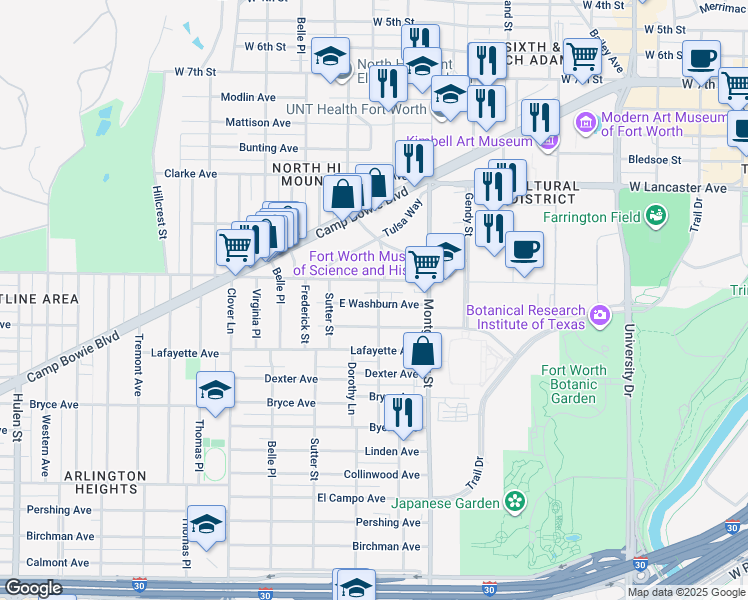 map of restaurants, bars, coffee shops, grocery stores, and more near 3700 Washburn Avenue in Fort Worth