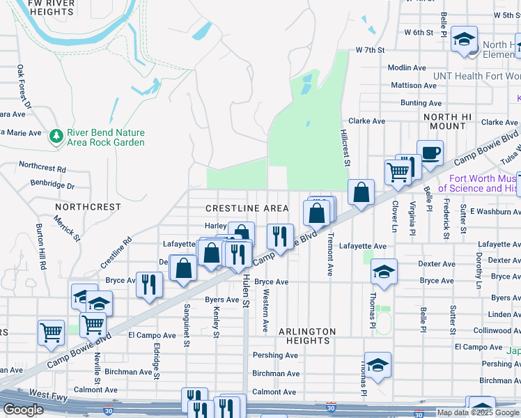map of restaurants, bars, coffee shops, grocery stores, and more near 4520 Washburn Avenue in Fort Worth