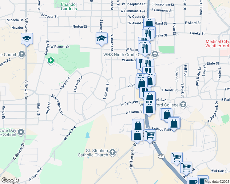 map of restaurants, bars, coffee shops, grocery stores, and more near 244 Rentz Place Circle in Weatherford