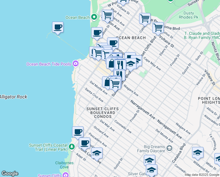 map of restaurants, bars, coffee shops, grocery stores, and more near in San Diego