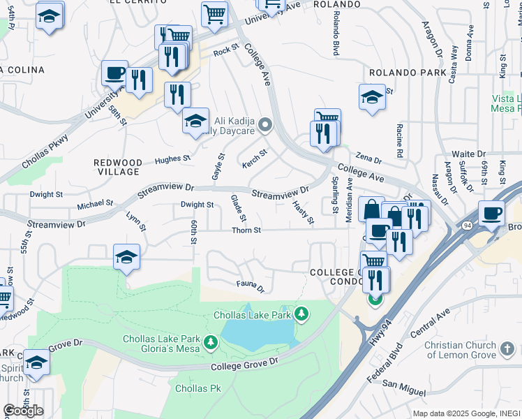 map of restaurants, bars, coffee shops, grocery stores, and more near 3433 Rowe Street in San Diego
