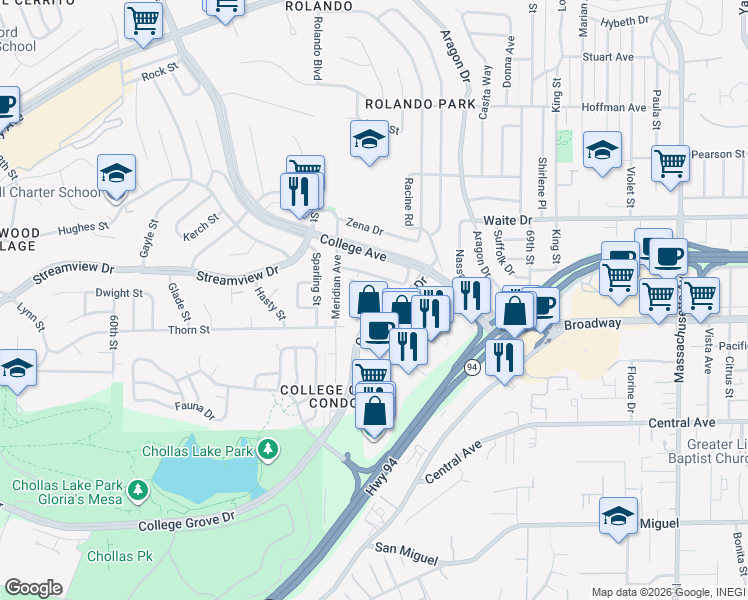 map of restaurants, bars, coffee shops, grocery stores, and more near 6560 College Grove Drive in San Diego