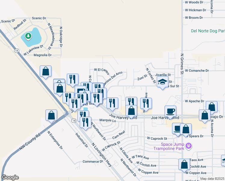 map of restaurants, bars, coffee shops, grocery stores, and more near 1515 W Calle Sur St in Hobbs