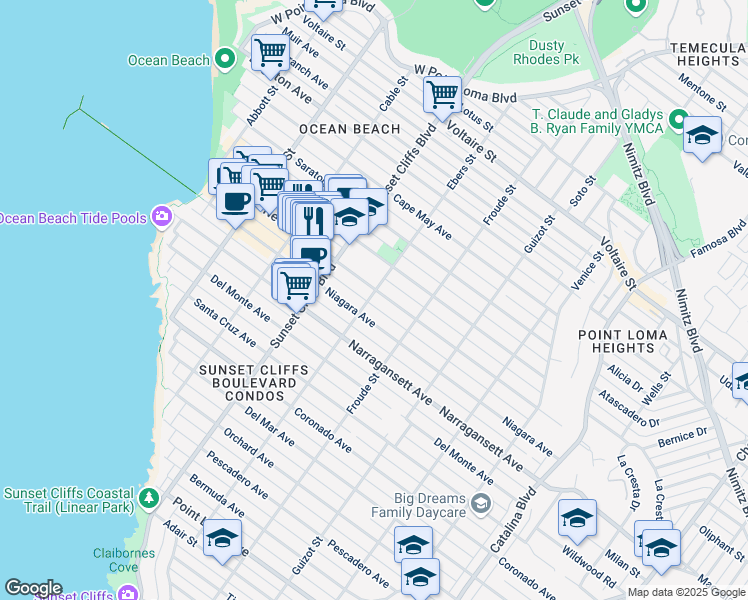 map of restaurants, bars, coffee shops, grocery stores, and more near 1883 Ebers Street in San Diego