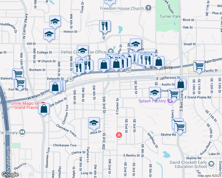 map of restaurants, bars, coffee shops, grocery stores, and more near 128 Southwest Dallas Street in Grand Prairie