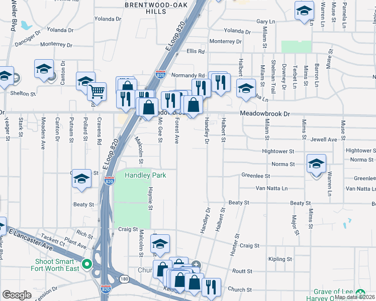map of restaurants, bars, coffee shops, grocery stores, and more near 6500 Oak Forest Court in Fort Worth
