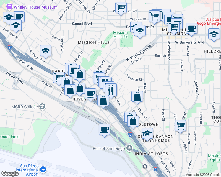 map of restaurants, bars, coffee shops, grocery stores, and more near 3719 Columbia Street in San Diego