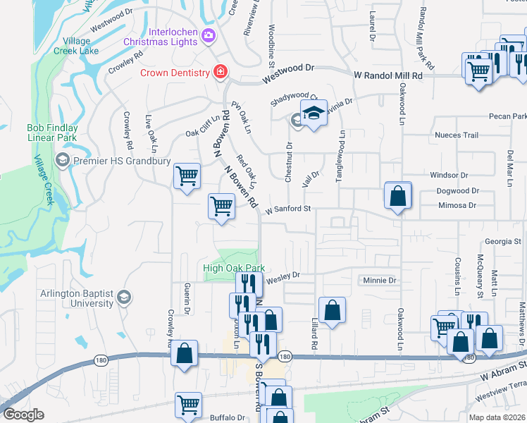 map of restaurants, bars, coffee shops, grocery stores, and more near 2417 West Sanford Street in Arlington