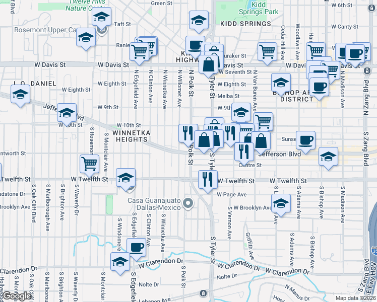 map of restaurants, bars, coffee shops, grocery stores, and more near 1001 West Jefferson Boulevard in Dallas