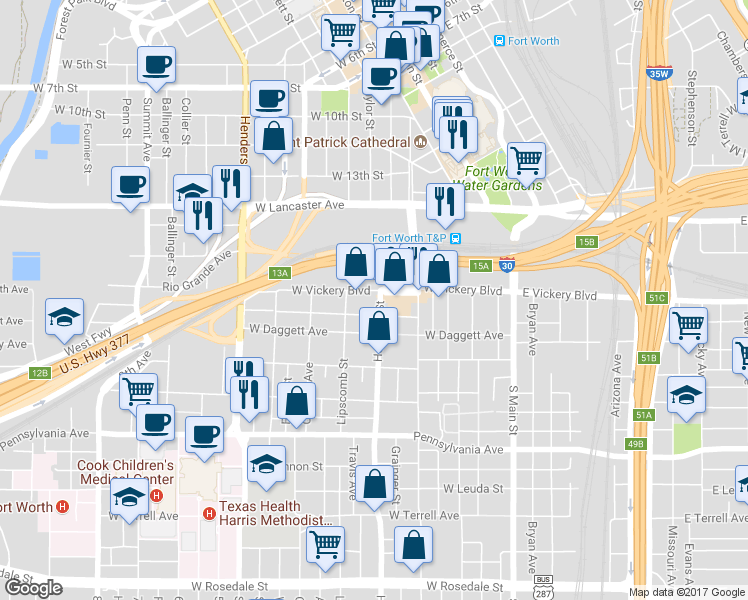 map of restaurants, bars, coffee shops, grocery stores, and more near 701 West Vickery Boulevard in Fort Worth