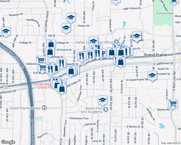 map of restaurants, bars, coffee shops, grocery stores, and more near 513 West Jefferson Street in Grand Prairie