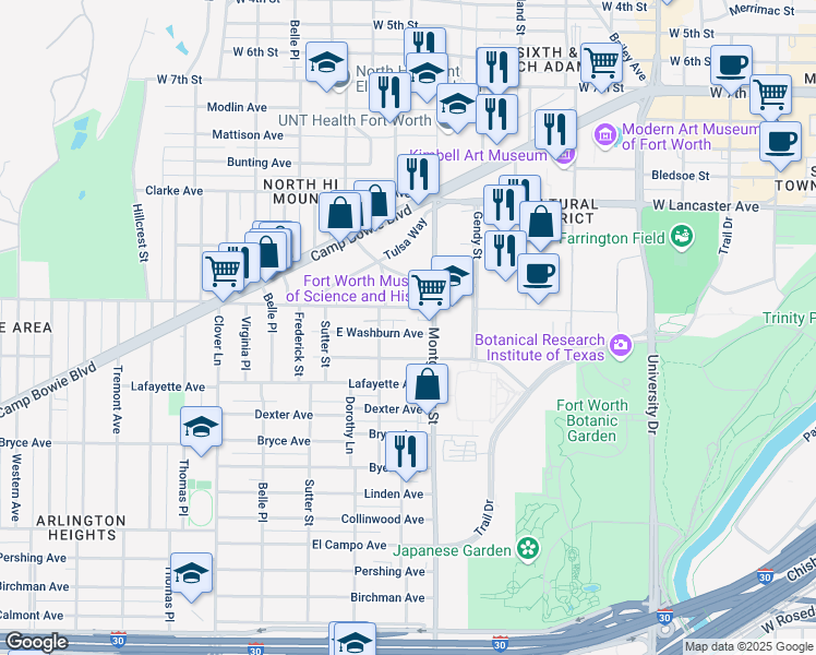 map of restaurants, bars, coffee shops, grocery stores, and more near 3612 East Washburn Avenue in Fort Worth